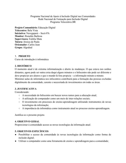 Projeto Comunitário: Curso de intro...