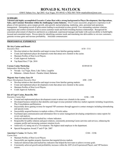 casino host resumes