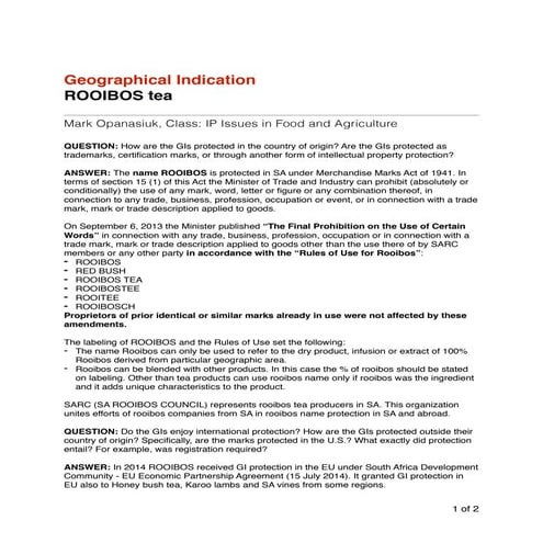 Geographic Indication: Rooibos case notes