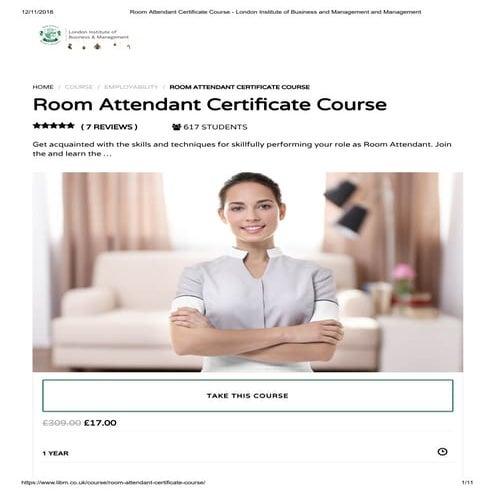 Room Attendant Certificate Course - LIBM