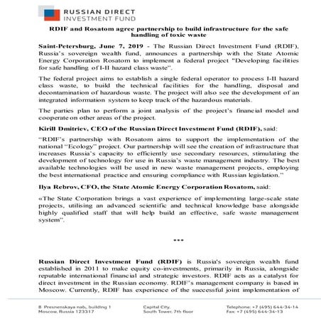 RDIF and Rosatom agree partnership to build infrastructure for the safe handling of toxic waste