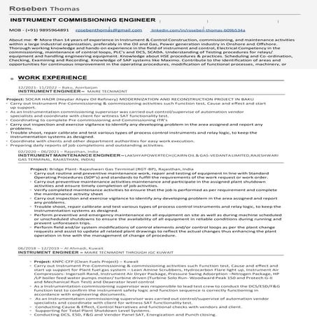 Instrument commissioning Engineer/Supervisor