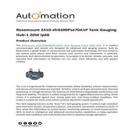 Rosemount 2410-sfr0200Pse70A1P Tank Gauging Hub-1 20W Ip66