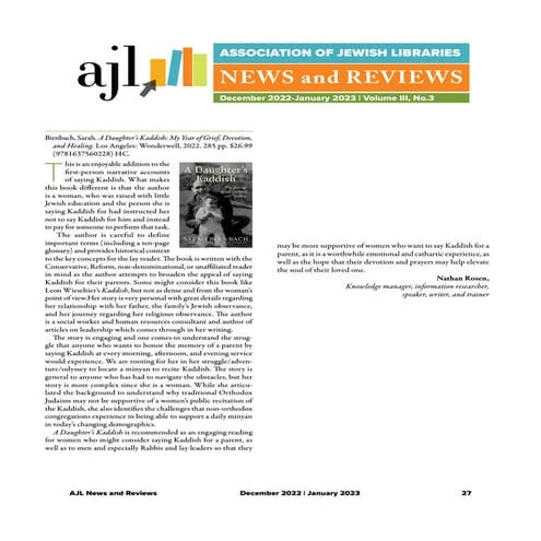 Nathan Rosen Book Review AJL Daughters Kaddish Dec 22-Jan 23 page 27