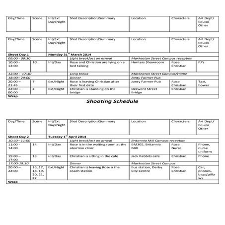 #39 Rose #39 shooting schedule PDF