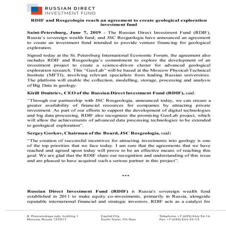 RDIF and Rosgeologia reach an agreement to create geological exploration investment fund