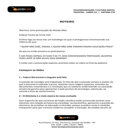 Roteiro da  Palestra Saber 2.0 por Gilmar R. Silva