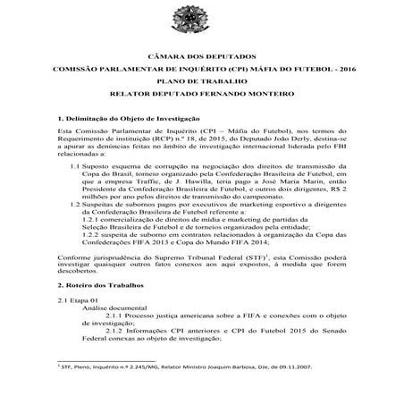 Roteiro de trabalho cpi II mafia do futebol 2016 camara