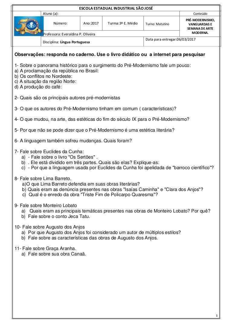 Exercício Sobre O Pré Modernismo No Brasil