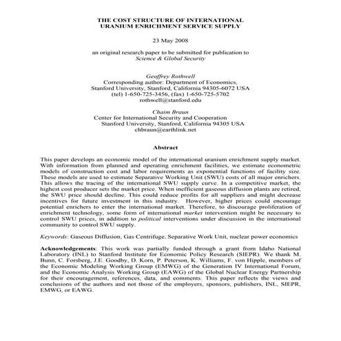 Rothwell Braun THE COST STRUCTURE OF INTERNATIONAL URANIUM ENRICHMENT SERVICE...