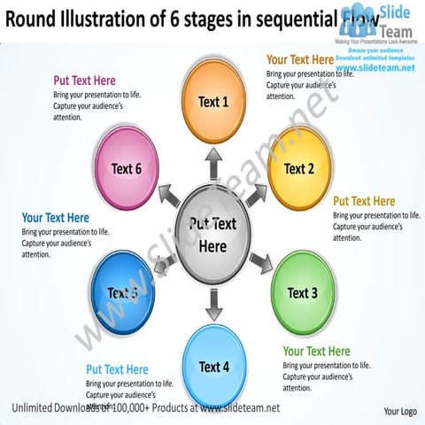 Round illustration of 6 stages in sequential flow processs and power point sl...
