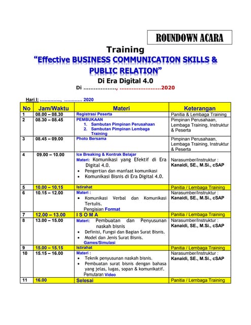 Roundown acara Training "Effective BUSINESS COMMUNICATION Skills & PUBLIC RELATION (PR)"