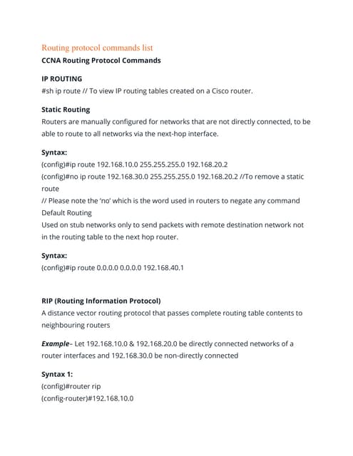 Routing protocol commands list