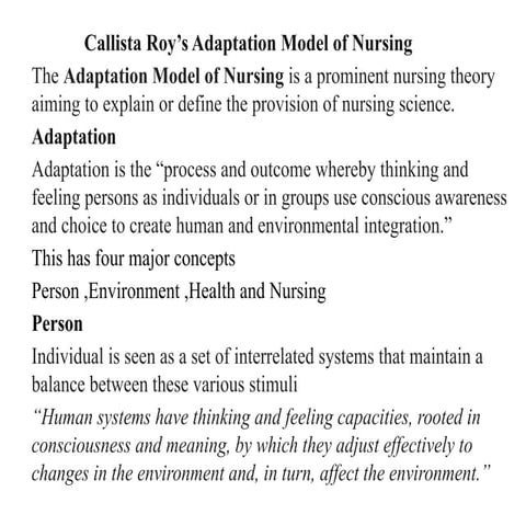Callista Roy’s Adaptation Model of Nursing