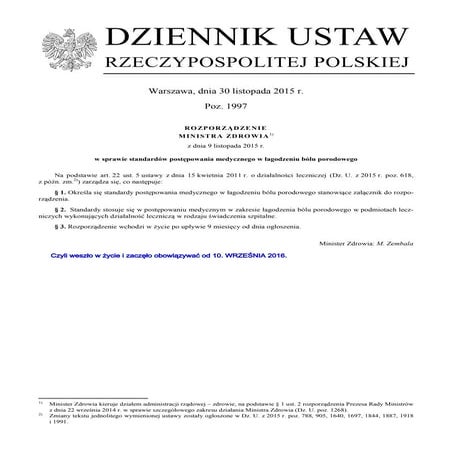 Rozporządzenie 2016 Minzdrawu o łagodzeniu bólu porodowego.