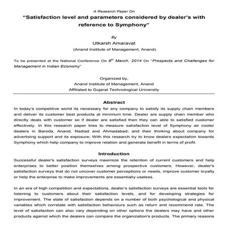 Satisfaction level and parameters considered by dealer’s with reference to Sy...