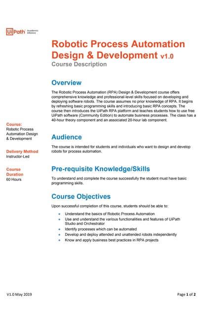 Robotic Process Automation Design & Development v1.0 -  Course Description