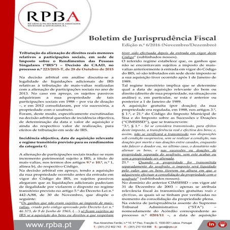 RPBA Boletim de Jurisprudência Fiscal n.º 6 de 2016 - Tributação da alienação de direitos reais menores relativos a participações sociais em sede de IRS