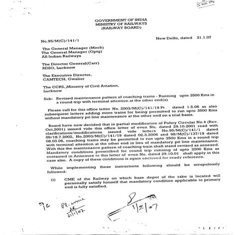 Revised maintenance pattern of Coaching trains