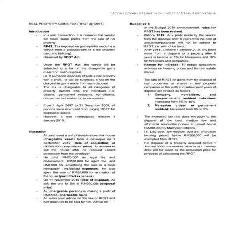 Real Property Gains Tax (RPGT) Notes - LAW512 Conveyancing