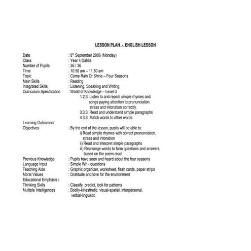 Four seasons lesson plan for kg | PDF