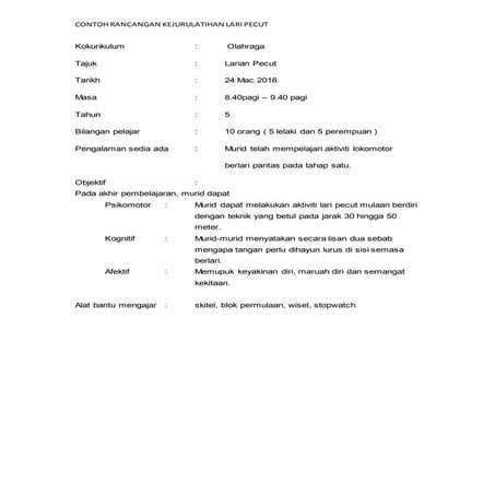 Contoh RPH Kokurikulum Olahraga Lari Pecut