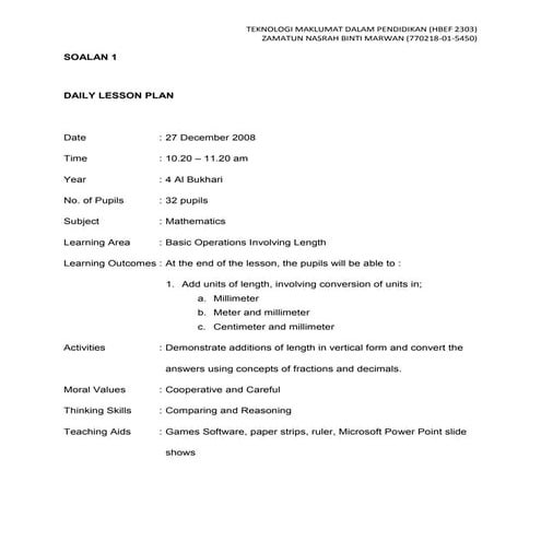 rancangan mengajar matematik (basic operations involving length)