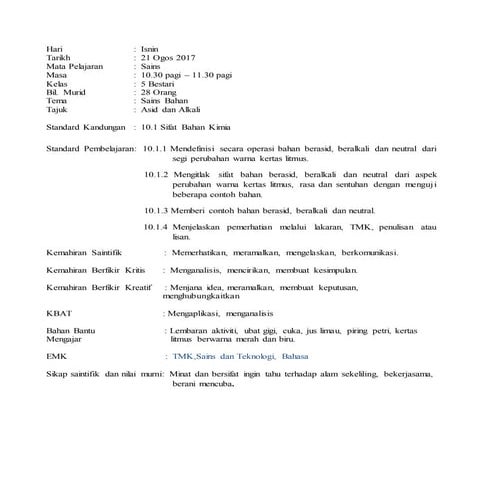 RPH Sains Tahun 5 Topik 10 - 10.1 Sifat Kimia Bahan