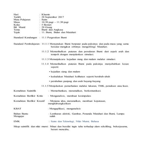 RPH Sains Tahun 5 Topik 11 - 11.1 Pergerakan Bumi