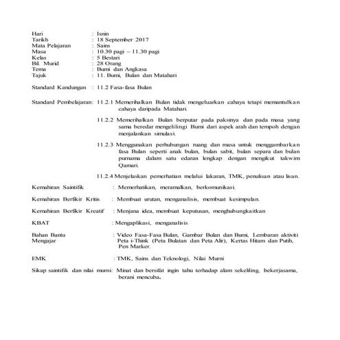 RPH Sains Tahun 5 Topik 11 - 11.2 Fasa-fasa Bulan