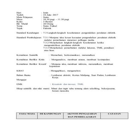 RPH Sains Tahun 5 Topik 7 - 7.3 Langkah-langkah keselamatan pengendalian peralatan elektrik