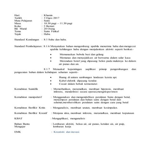 RPH Sains Tahun 5 Topik 8 - 8.1 Suhu dan Haba