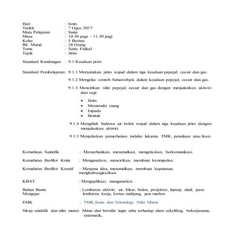 RPH Sains Tahun 5 Topik 9 - 9.1 Keadaan Jirim