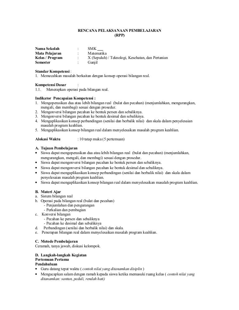 Rpp Matematika Kelas X