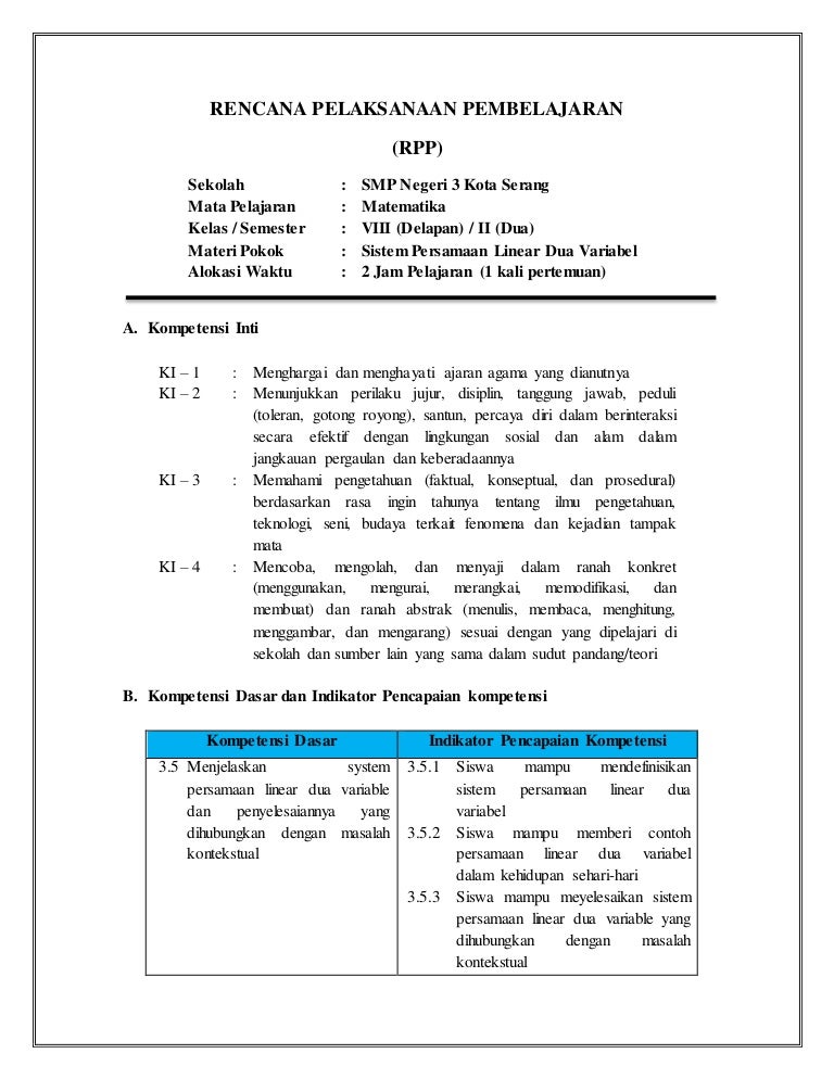 Rpp Menyelesaikan Spldv