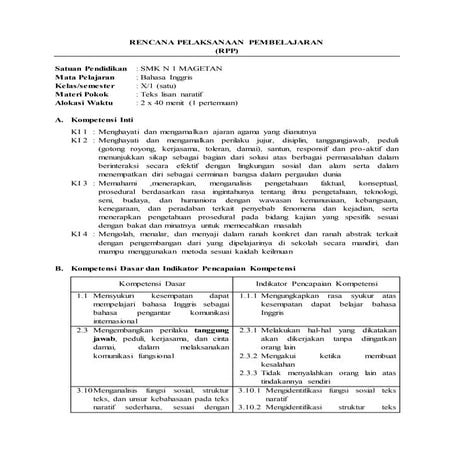 Rpp Bahasa Inggris SMK kelas X teks Narative