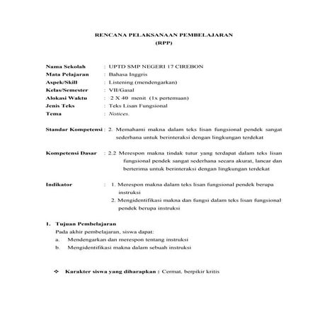 RPP bahasa Inggris SMP (notice for listening skill)