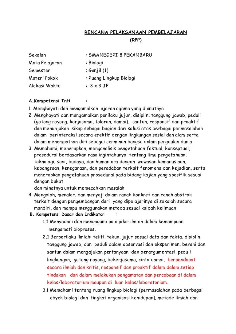 Rpp Biologi X Kd 3 1 Ruang Lingkup Mh Almansyahnis Sman 8 Pekanb