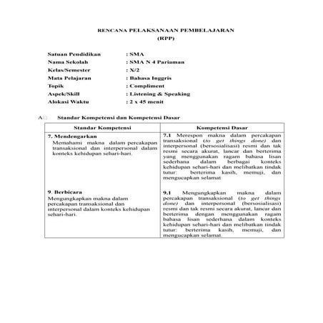 RPP B.Inggris kelas X KTSP COMPLIMENT