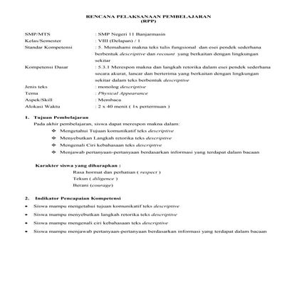 Rpp descriptive text kelas 8