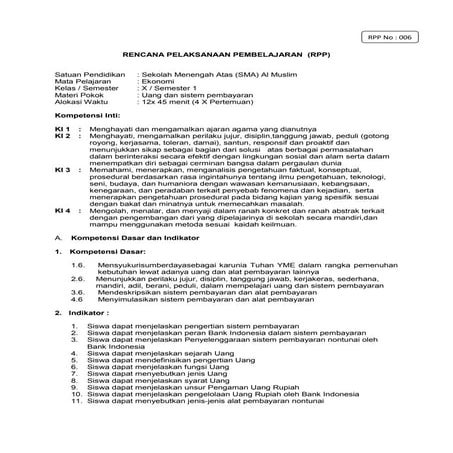 Rpp ekonomi x kurikulum 2013 no 006 tentang Bank, OJK, Sistem Pembayaran, Uang 