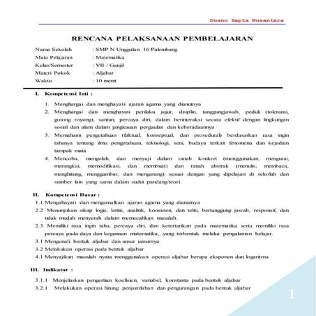 RPP Matematika Kelas VII Operasi Bentuk Aljabar