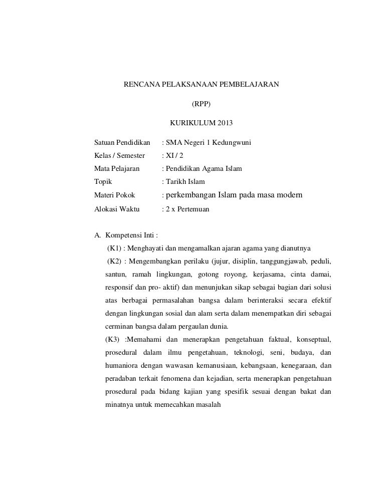 Rpp Perkembangan Islam Pada Masa Modern