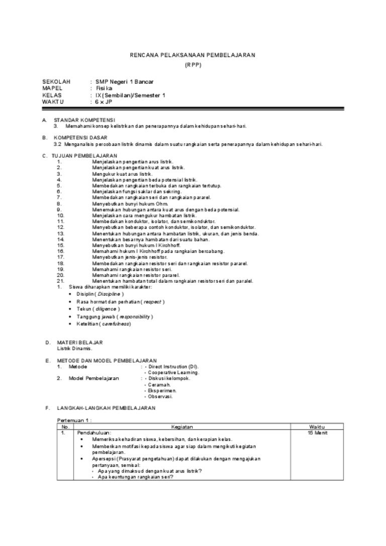 Rpp Fisk Smp Kls9 Sem1 3 2 Menganalisis Percobaan Listrik Dinamis Da