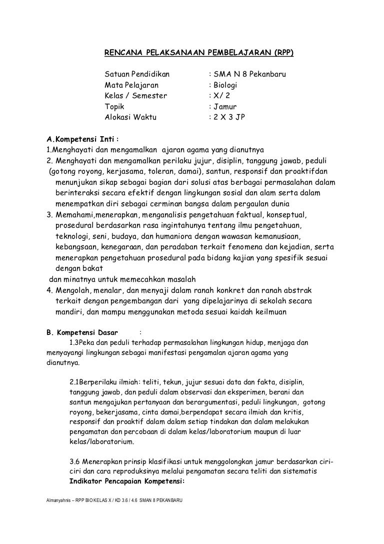 Rpp Kurikulum 2013 Materi Jamur Kelas X Semester 2 Endah Lestari Academia Edu