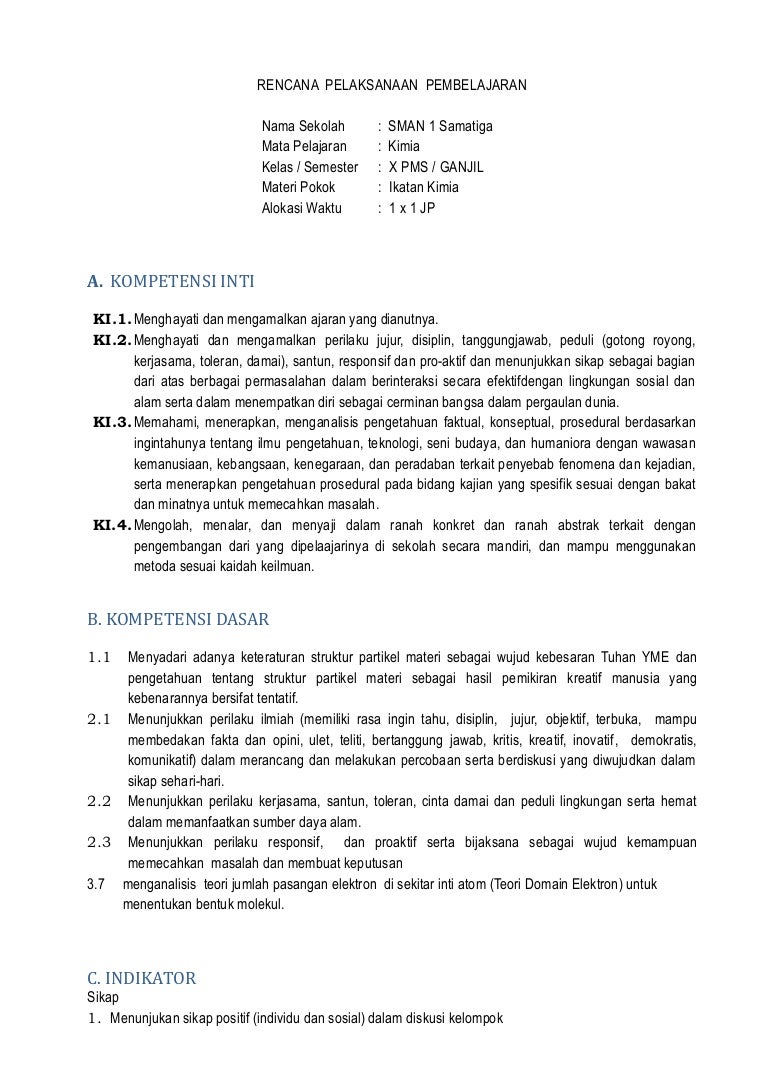 Rpp Kimia X Kurikulum 2013 Kd 3 7