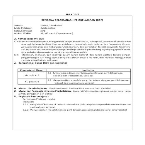 Rpp pertidaksamaan rasional dan irasional kurikulum 2013