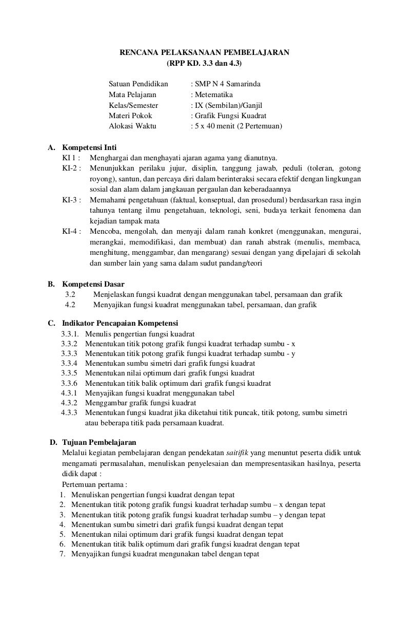 Rpp Grafik Fungsi Kuadrat