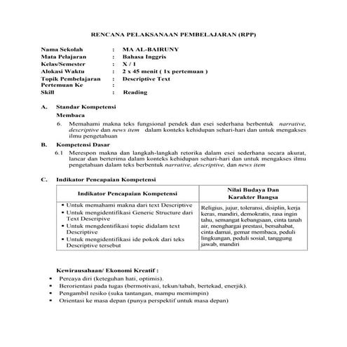 Lesson plan for X (II) Descriptive text