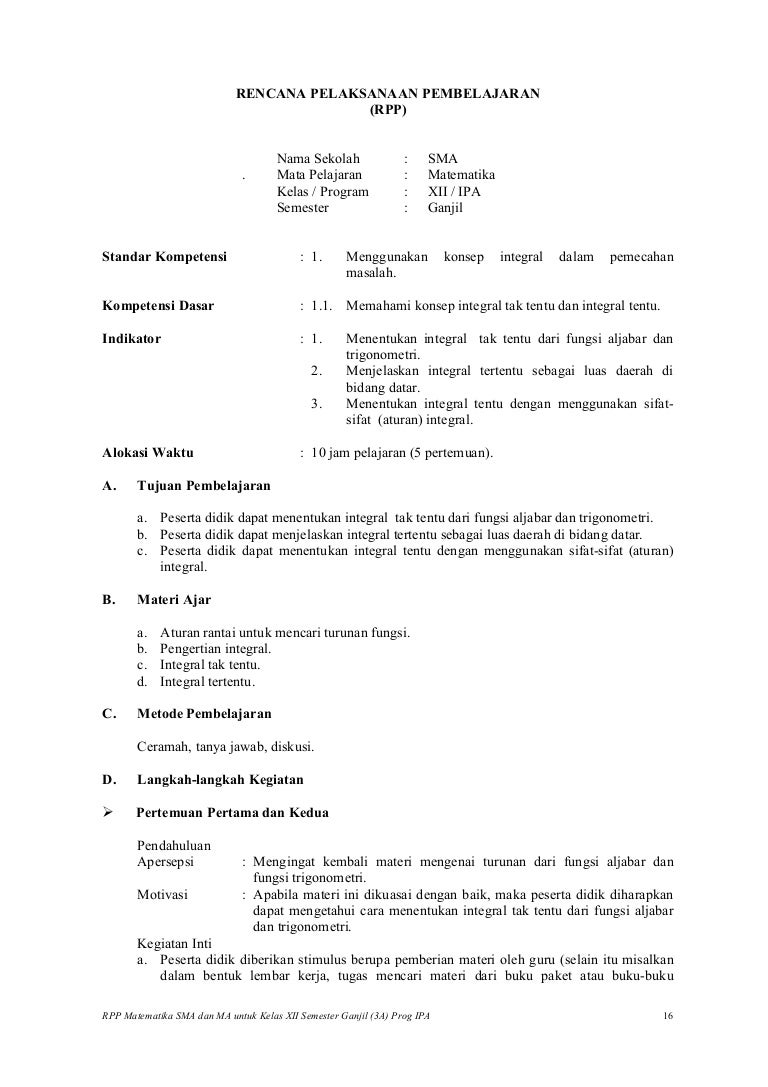 Rpp Matematika Sma Integral Ipa
